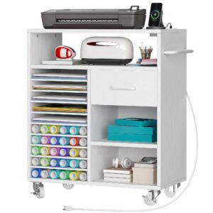 DWVO Craft Organizers and Storage Cart Compatible with Cricut Machine, Craft Rolling Storage with Charging Station & Vinyl Roll Holder, Crafting Table Workstation for Home Office