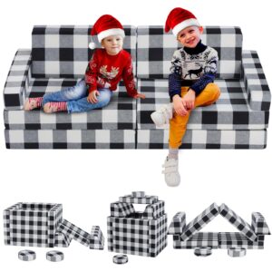 olasme 10 pcs black and white kids couch,buffalo check toddler couch sofa,foam modular kids play couch,convertible kids floor bed sofa couch for playroom bedroom