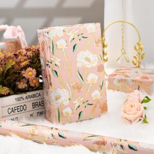 Merture Wedding Wrapping Paper Roll with Flower Patterns - 17 In X 32.8 Ft - 1 Roll (46.5 sqft.ttl.) Foil Floral Design Gift Wrap for Wedding, Valentines Day, Mothers Day, Birthday, Christmas, Pink