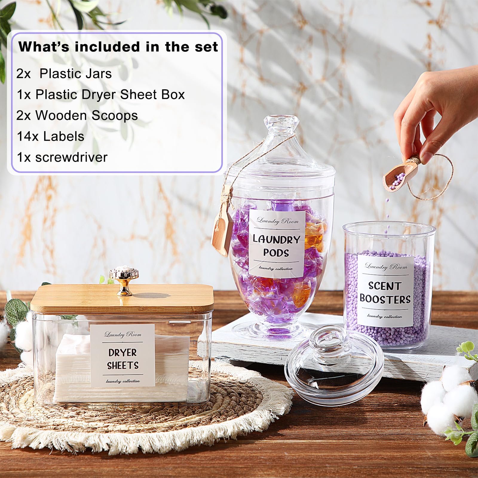 Sieral 3 Pcs Apothecary Jars with Lids Laundry Room Organization Bath Salt Container Acrylic Dryer Sheet Holder with Lid 14 Labels and 2 Scoops for Detergent