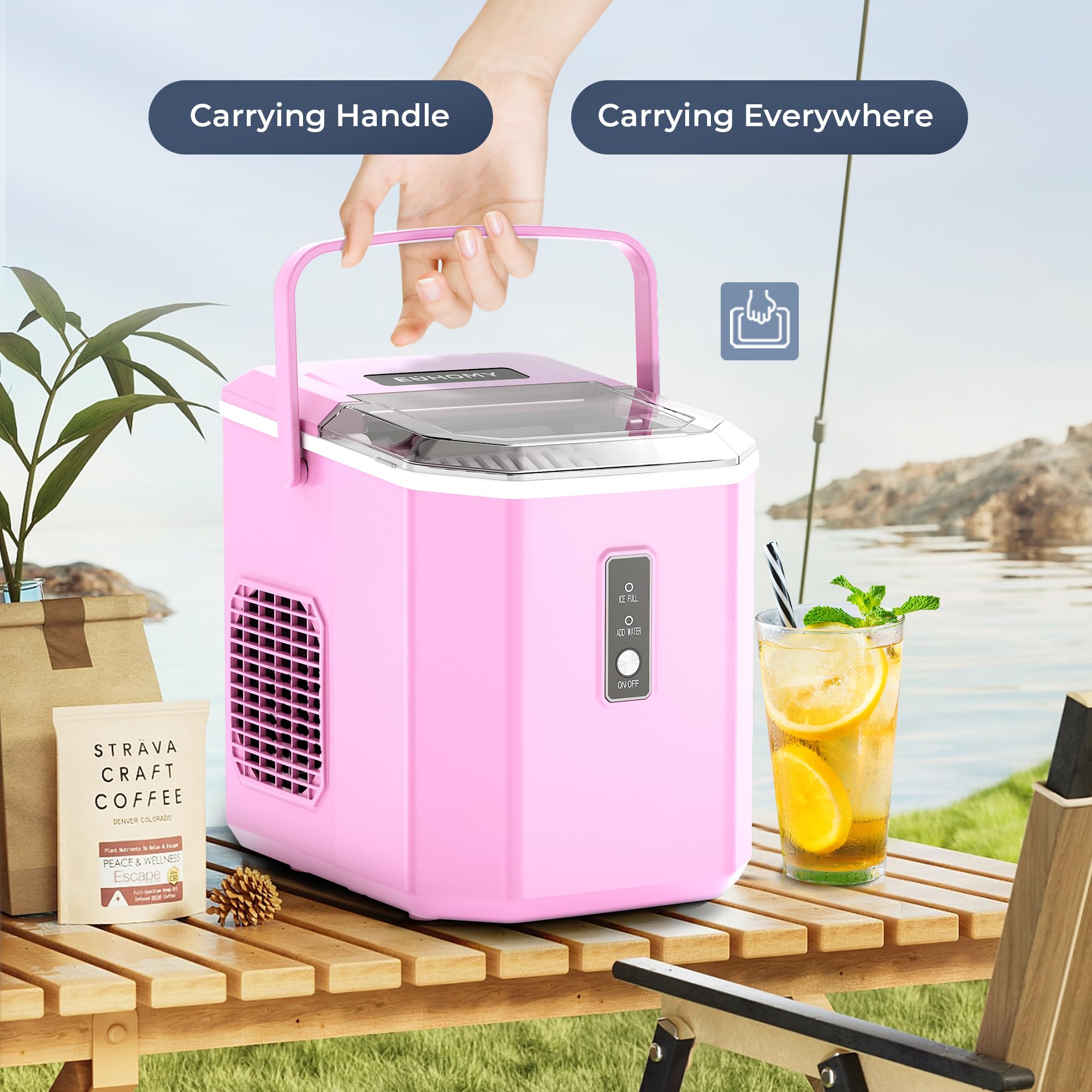 EUHOMY Ice Makers Countertop - 9 Cubes in 6 Mins, 26lbs/Day, Portable Ice Maker with Carry Handle, Self-Cleaning Ice Maker with Ice Scoop & Basket, Compact Ice Maker for Home/Kitchen/Office/RV.(Pink)