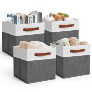 11x11 cube storage bins pack of 4, foldable fabric cube baskets with leather handles for organizing closet, decorative cube storage bins for shelves, white/grey