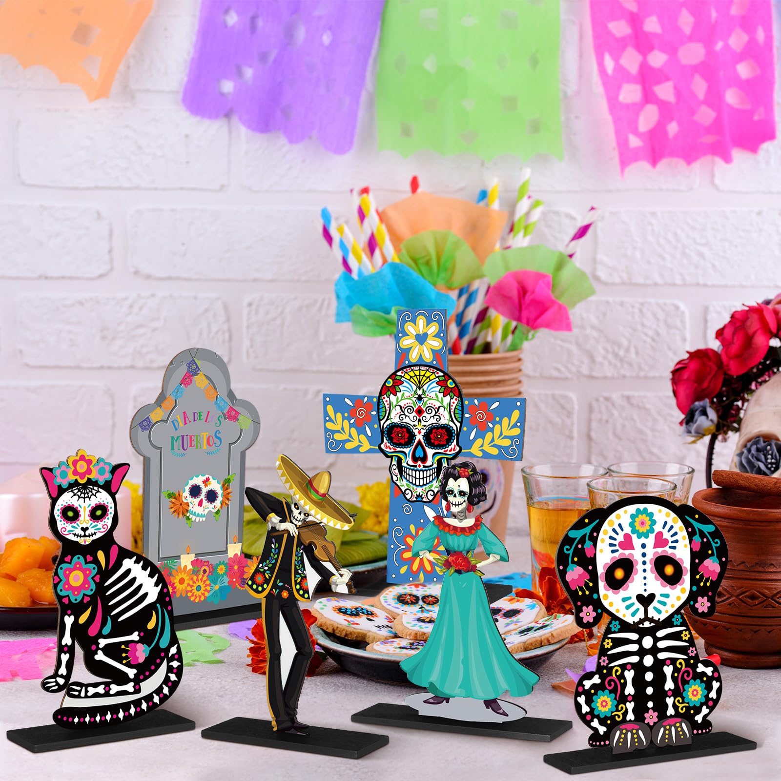 Amyhill 6 Pcs Day of The Dead Wooden Table Centerpiece Dia De Los Muertos Mexican Table Decorations Halloween Table Topper for Halloween Mexican Carnival Party Decoration Supplies