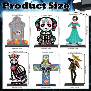 Amyhill 6 Pcs Day of The Dead Wooden Table Centerpiece Dia De Los Muertos Mexican Table Decorations Halloween Table Topper for Halloween Mexican Carnival Party Decoration Supplies