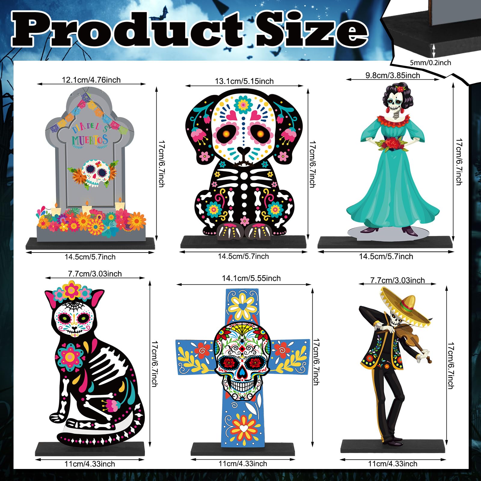 Amyhill 6 Pcs Day of The Dead Wooden Table Centerpiece Dia De Los Muertos Mexican Table Decorations Halloween Table Topper for Halloween Mexican Carnival Party Decoration Supplies