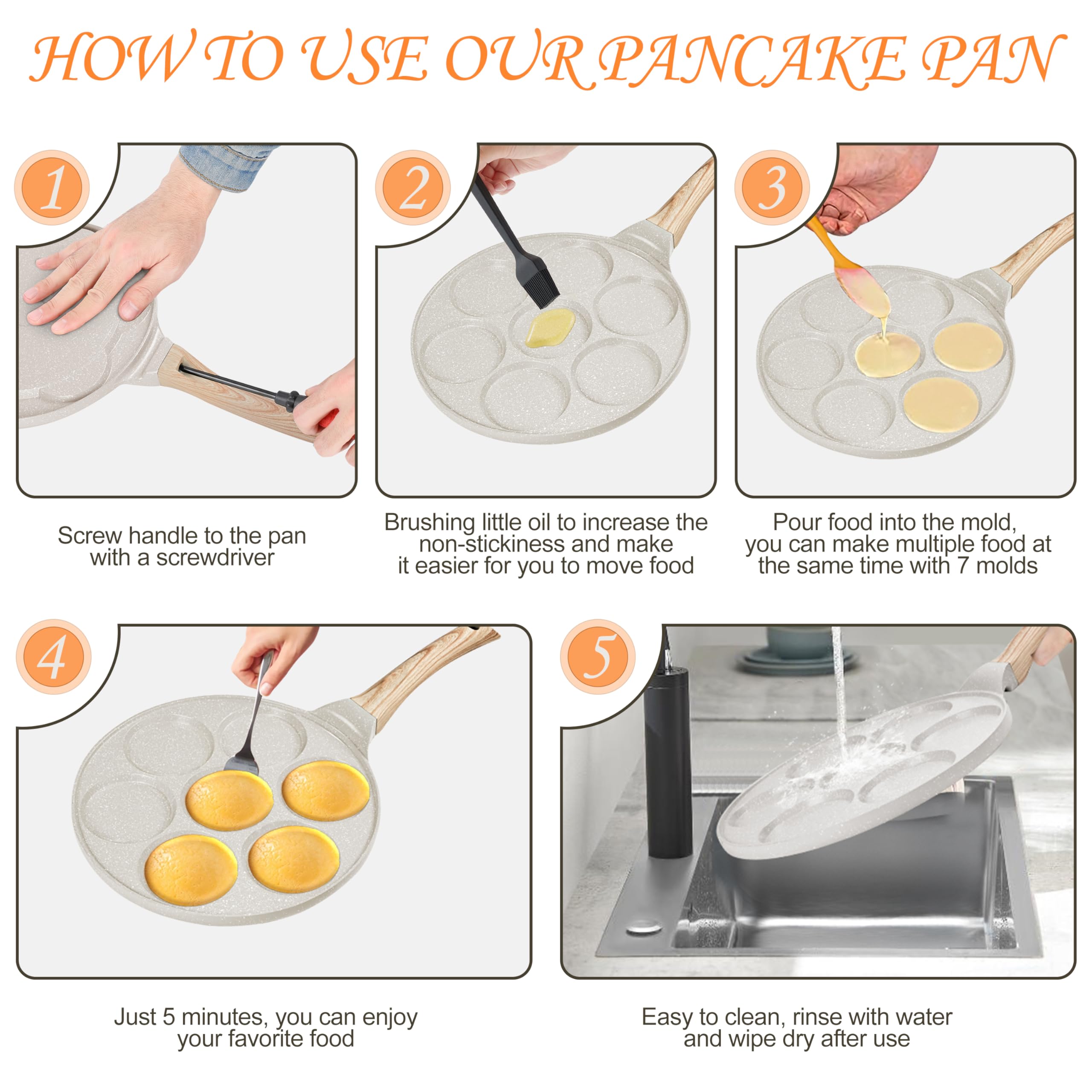 KRETAELY Pancake Pan Suitable for All Cooktops, 7-cup Pancake Maker, Nostick Granite Mini pancake with PFOA Free Coating, Sarten Para Pancakes 1-pcak