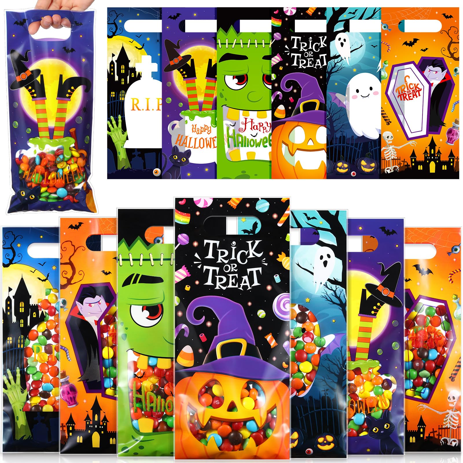 Pasimy 60 Pieces Halloween Treat Bags Plastic Halloween Candy Goodie Bags Bulk with Handle Witch Pumpkin Ghost Gift Bags for Halloween Trick or Treat Birthday Party Favor Supplies, 6 Design