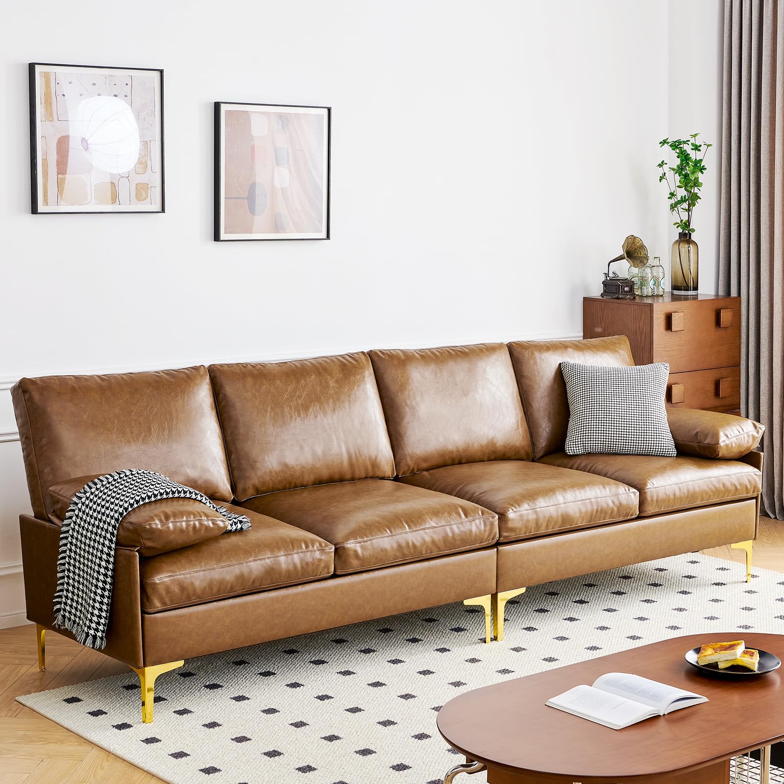 Atopston 106" Sectional Sofa Couch, Mid-Century Modern Decor 4 Seater Sofa, Sectional Sofa Bed for Bedroom Apartment Office, Caramel