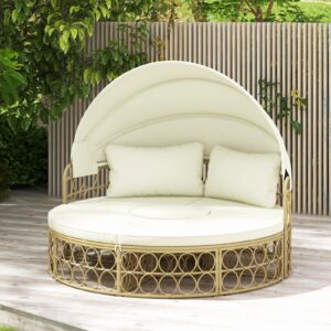 Tangkula Outdoor Patio Round Daybed with Retractable Canopy, Patiojoy PE Rattan Wicker Sectional Seating Furniture with Soft Cushions, for Patio, Garden, Backyard and Poolside (Off White)