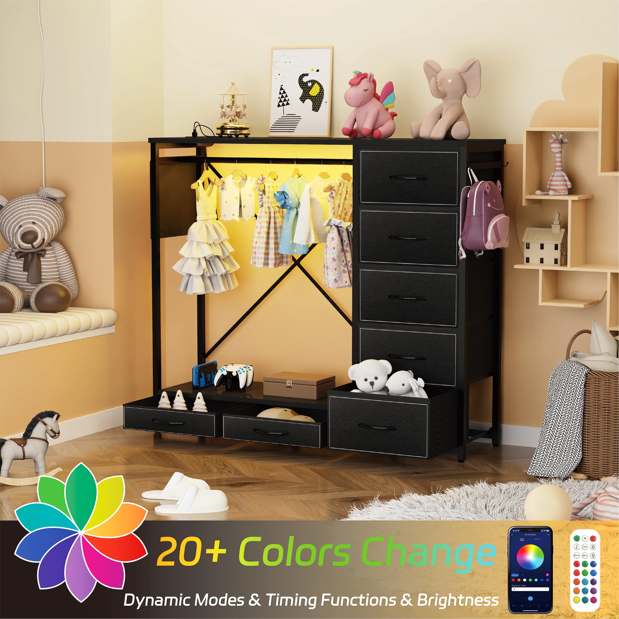 SZLHANJZ Dresser for Bedroom with Hanging Rack, 7 Drawer Clothes Dressers with Charging Station and Lights, Storage Chest of Drawers with Hooks and Side Pockets, Modern Black