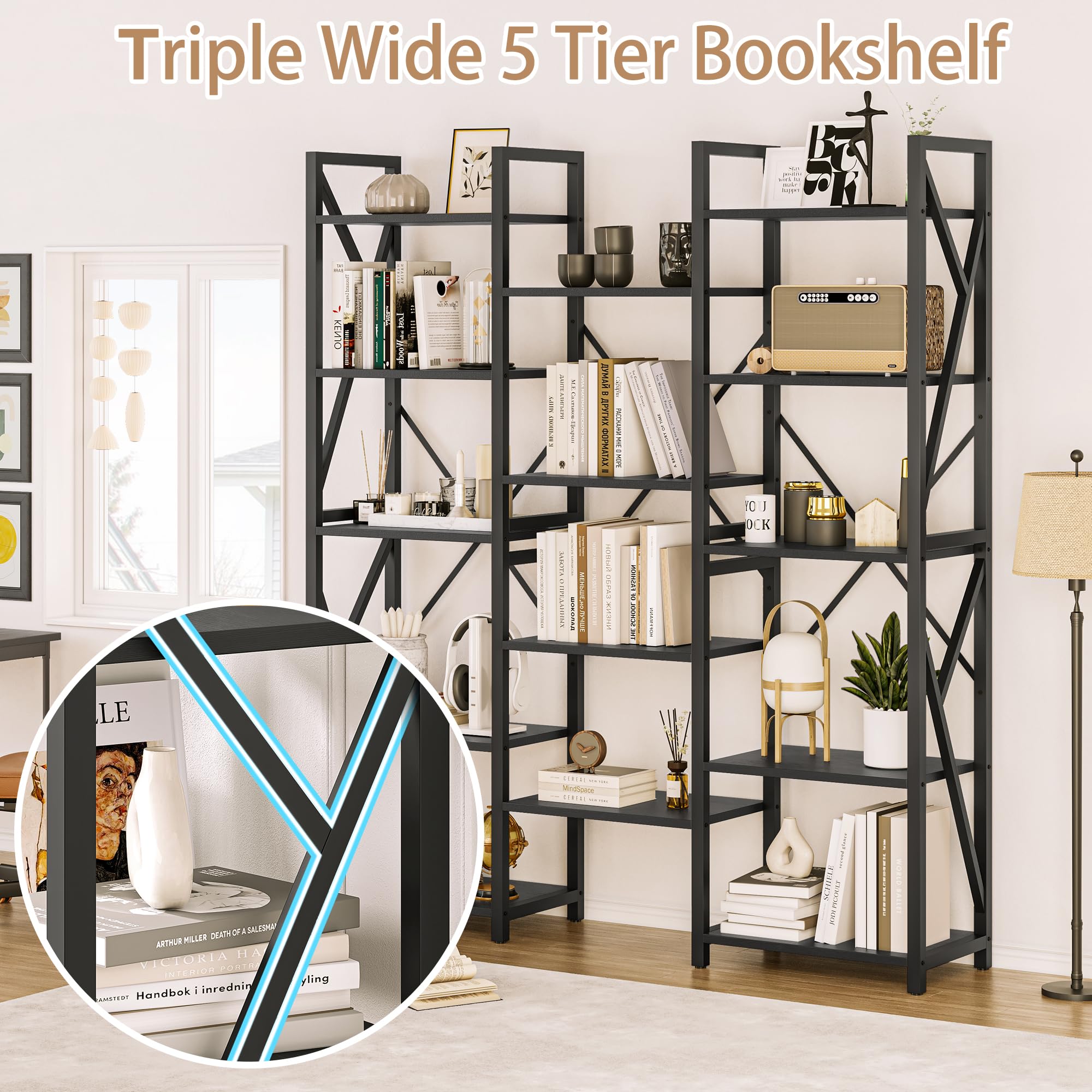 GAOMON Bookcases and Bookshelves Triple Wide 5 Tiers Bookshelf, Rustic Industrial Book Case with 14 Open Display Shelves, Wide Tall Bookcase for Bedroom, Living Room and Home Office-Black