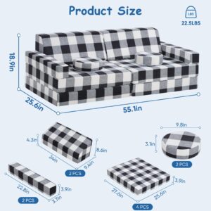 Olasme 10 Pcs Black and White Kids Couch,Buffalo Check Toddler Couch Sofa,Foam Modular Kids Play Couch,Convertible Kids Floor Bed Sofa Couch for Playroom Bedroom