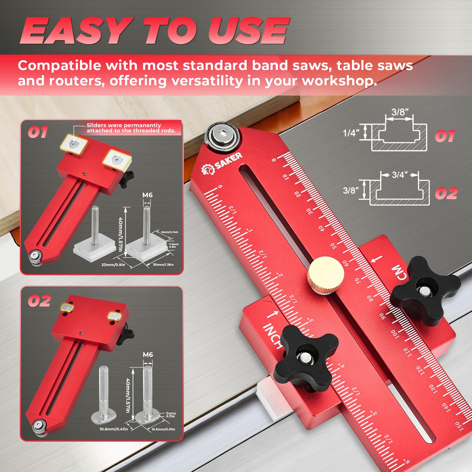 Saker Thin Rip Jig Table Saw Jig Guide, Making Repetitive Narrow Strip Cuts, Fit for 3/4" x 3/8" Slots, for Table Saw Band Saw Router Table