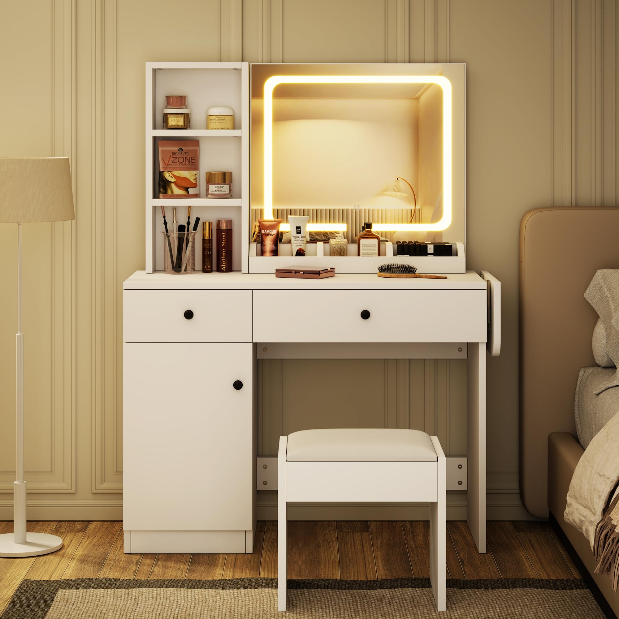 GAOMON Makeup Vanity Desk with Mirror and Lights, Vanity Desk Set with Outlet & Drawers & Open Shelf & Storage Cabinet, Vanity Table Set for Bedroom, White