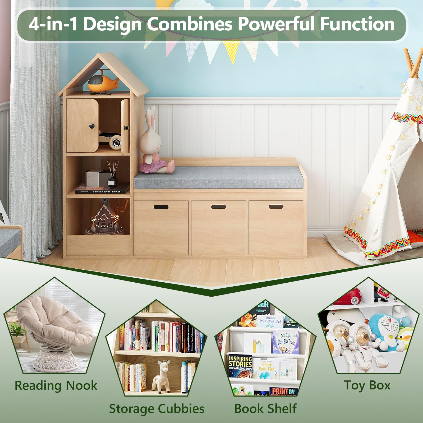 Kids Bookcase and Bookshelf with Reading Nook, Toy Storage Organizer for Kids, Oak Castle Wooden Bookcase with 3 Open Storage Cubbies 3 Drawers and Seat Cushion for Children's Room, Playroom, Oak