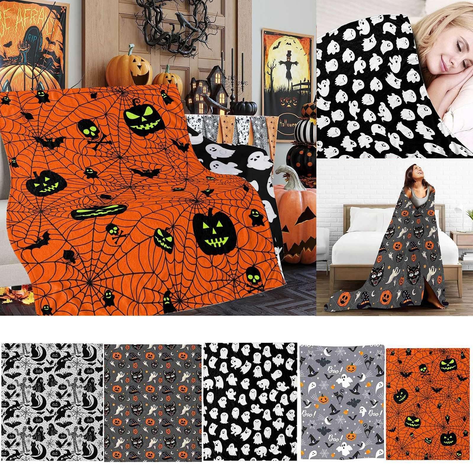 Halloween Blankets 40"x28" Super Soft Spooky Pumpkin Black Bats Ghosts Spider Webs Printed Throw Blanket Lightweight Fuzzy Halloween Decorations Blankets for Home Living Room Couch Bedroom Sofa