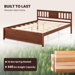 Giantex Queen Size Solid Wood Platform Bed Frame, Mid Century Queen Bed Frame with Headboard, Wood Slat Support, Queen Panel Bed, No Box Spring Needed, Easy Assembly, Walnut