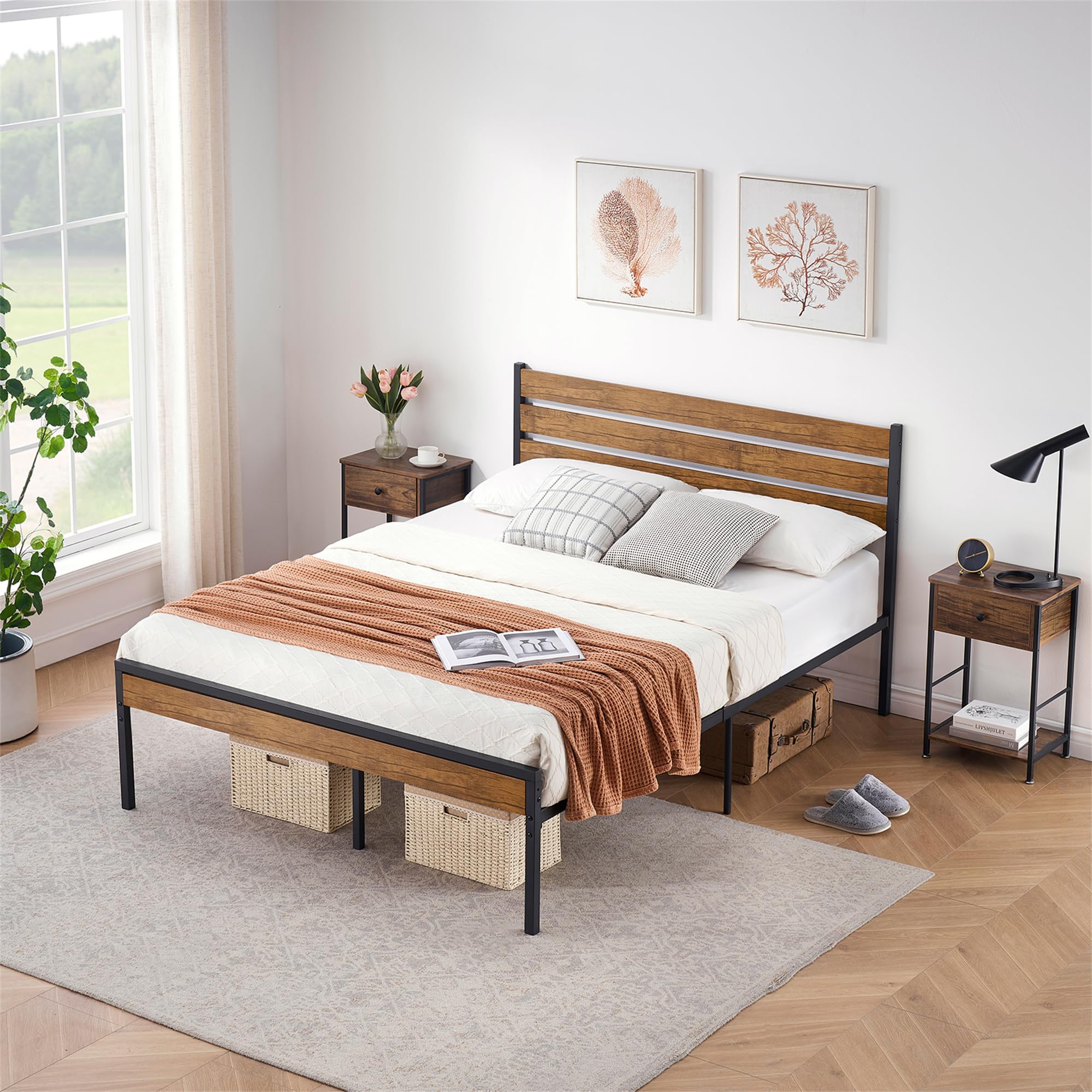 GarveeHome Full Size Bed Frame with Wood Headboard, Strong Wood Slats Support, Under Bed Storage, Noise-Free, No Box Spring Needed