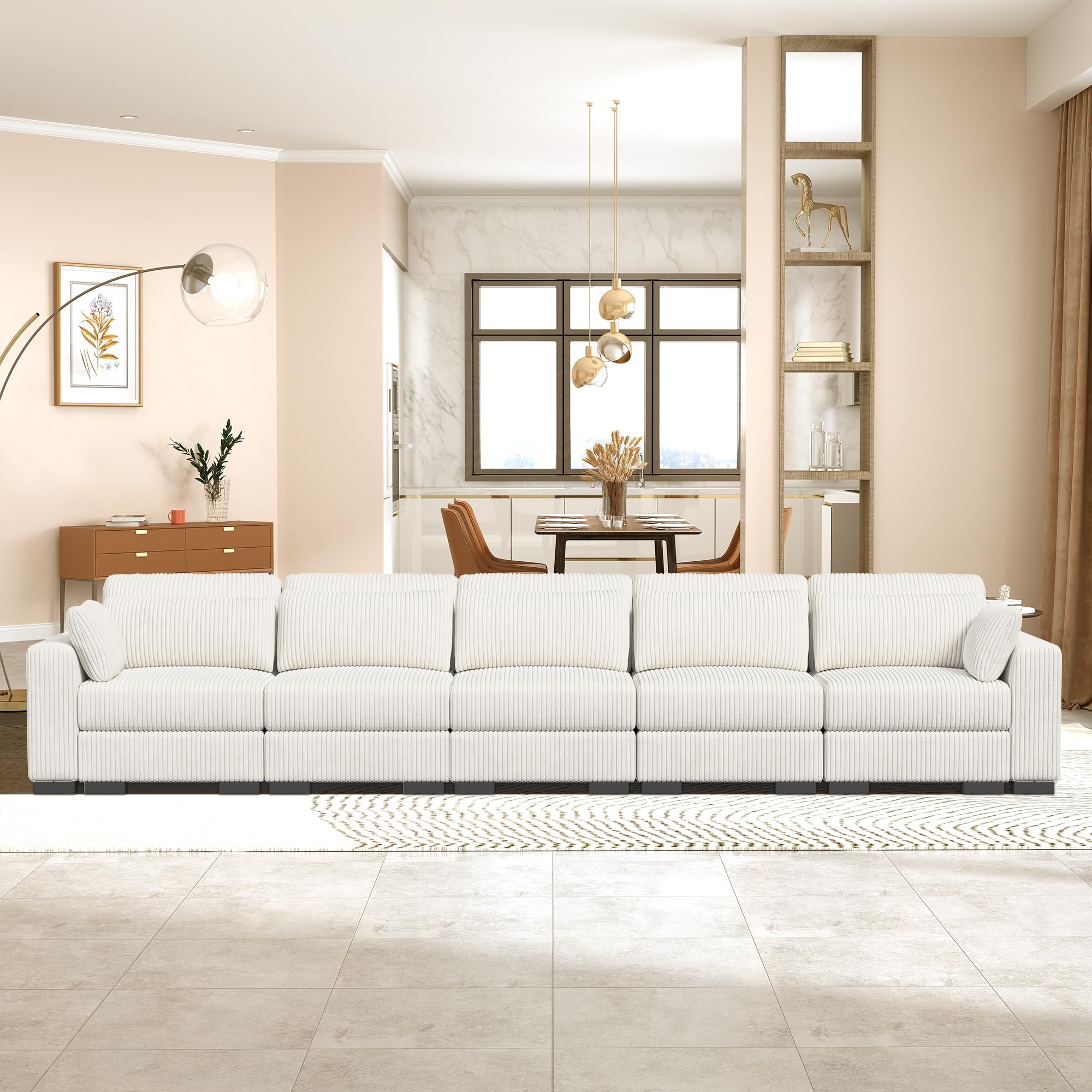 WeaArco 161" Modular Sectional Couch, Cloud Couch Sectional 5 Seater, Corduroy Sectional Sofa with 7 Pillows, 5 Seater Reversable Sectional Couch for Modern Living Room Bedroom Apartment Office, Beige