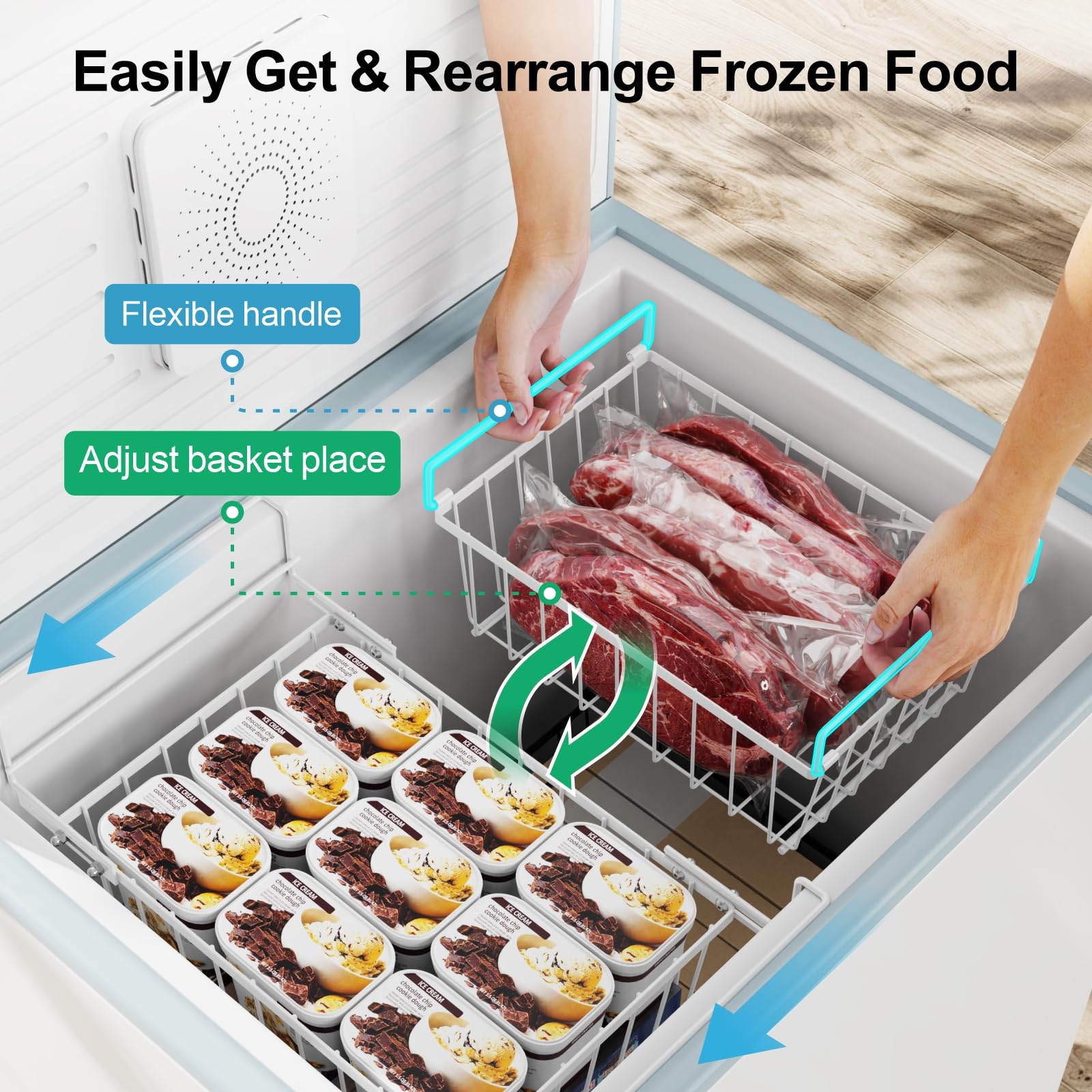 iSPECLE Chest Freezer Organizer - Fit 5 Cu.Ft Deep Freezer, 2 Pack Hanging Organizer Bins with Adjustable Handles, Sort Small Frozen Food, Sturdy Freezer Baskets Easy Slide to Get Bottom Food, White