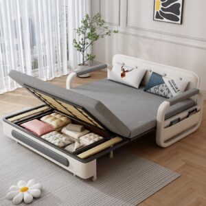 Etelifrank Put-Out Sofa Bed Futon，2-in-1 Convertible Sofa Couch with Storage，Foldable Linen Fabric Loveseat RV Sofa Bed for Small Place，Living Room，Apartment, Lounge(60''Lx34.25''Wx37.4''H)