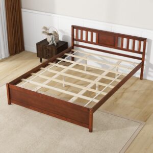 Giantex Queen Size Solid Wood Platform Bed Frame, Mid Century Queen Bed Frame with Headboard, Wood Slat Support, Queen Panel Bed, No Box Spring Needed, Easy Assembly, Walnut