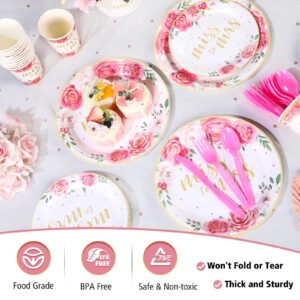 Zhehao 170 Pcs Bridal Shower Floral Party Supplies Miss to Mrs Plates and Napkins Rose and Gold Disposable Paper Tableware Set Includes Plates Cups Napkins Tablecloth for Wedding Engagement Engagement