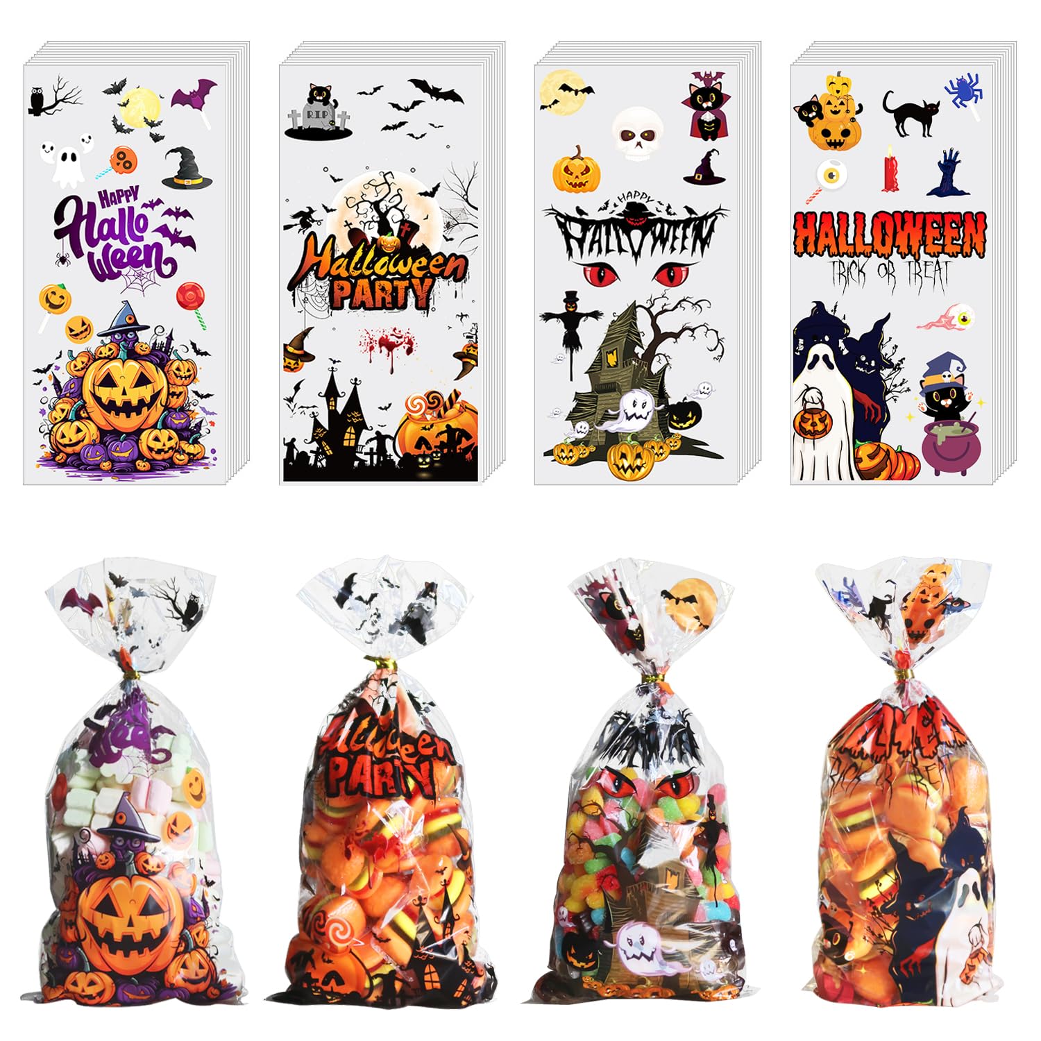 OIIVPWUL 120 Pcs Halloween Treat Bags,Halloween Candy Bags with 130 Pcs Gold and Black Twist Ties,Halloween Goodie Bags for Halloween Party Supply-10.6 * 5.1 inch