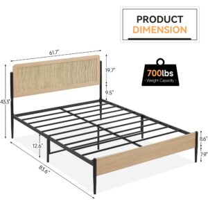 GarveeHome Queen Size Bed Frame with Rattan Headboard, Rattan Queen Platform Bed Boho Style with Strong Metal Slats Support, Under Bed Storage, Noise-Free, No Box Spring Needed, Light Oak