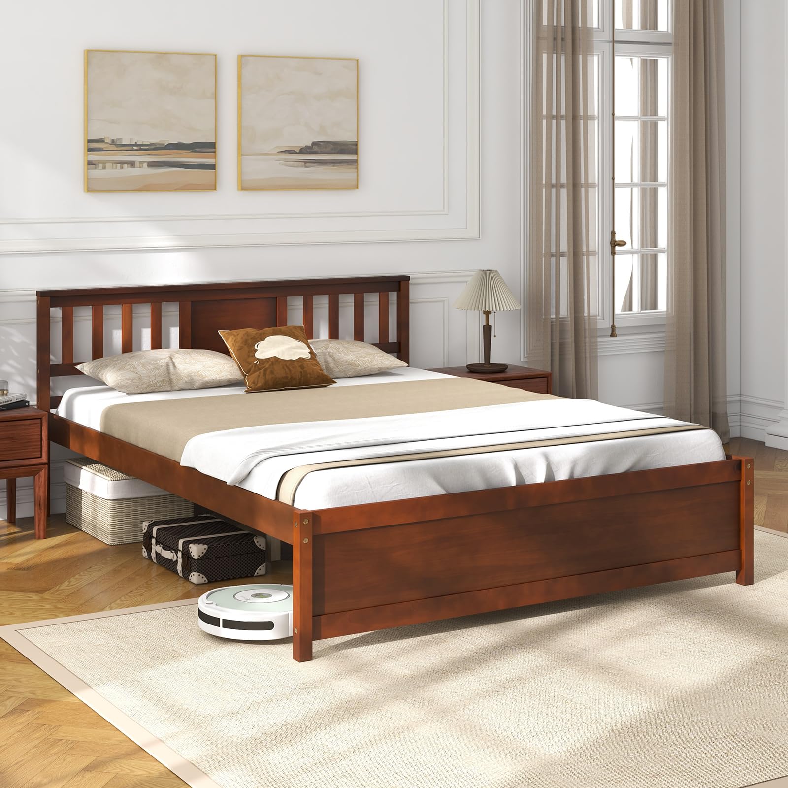 Giantex Queen Size Solid Wood Platform Bed Frame, Mid Century Queen Bed Frame with Headboard, Wood Slat Support, Queen Panel Bed, No Box Spring Needed, Easy Assembly, Walnut