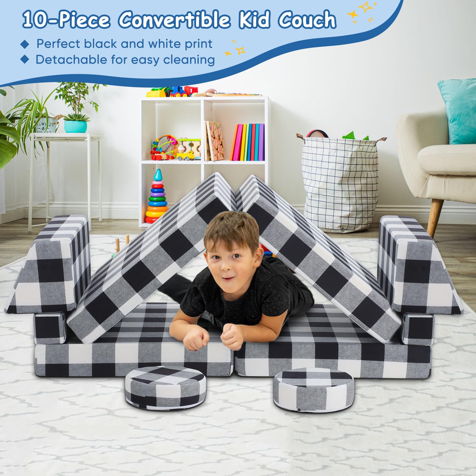 Olasme 10 Pcs Black and White Kids Couch,Buffalo Check Toddler Couch Sofa,Foam Modular Kids Play Couch,Convertible Kids Floor Bed Sofa Couch for Playroom Bedroom