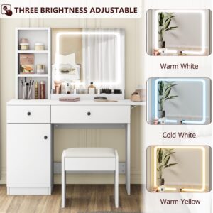 GAOMON Makeup Vanity Desk with Mirror and Lights, Vanity Desk Set with Outlet & Drawers & Open Shelf & Storage Cabinet, Vanity Table Set for Bedroom, White