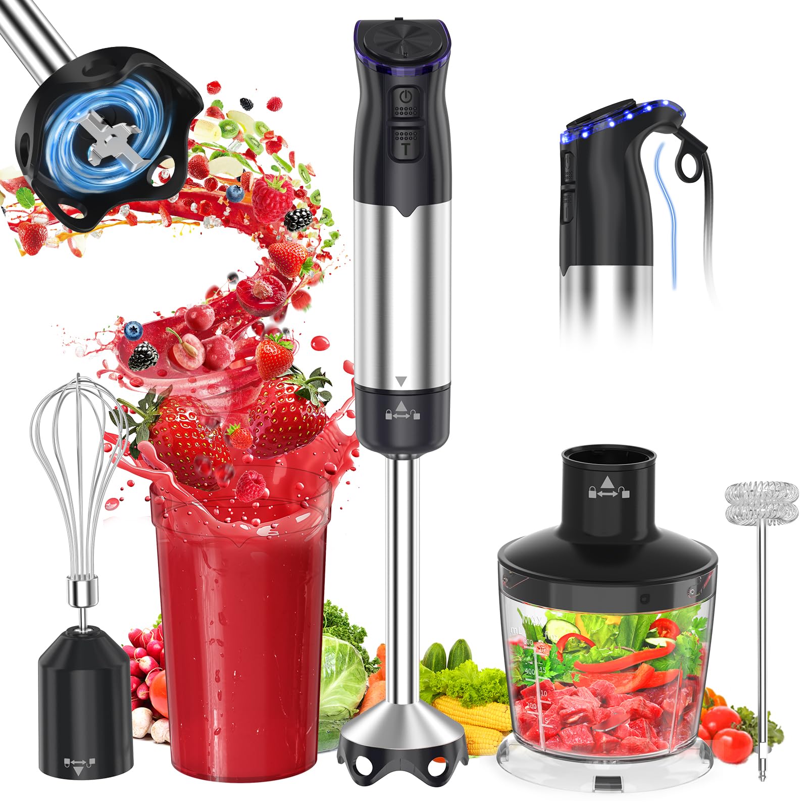 Electric Immersion Blender Handheld 1200W, 5-in-1 Hand Blender Mixer for Kitchen with 20-Speed & Turbo Boost, 600ml Chopper, 800ml Beaker, Whisk and Milk Frother for Soup, Smoothie, Puree, Baby Food