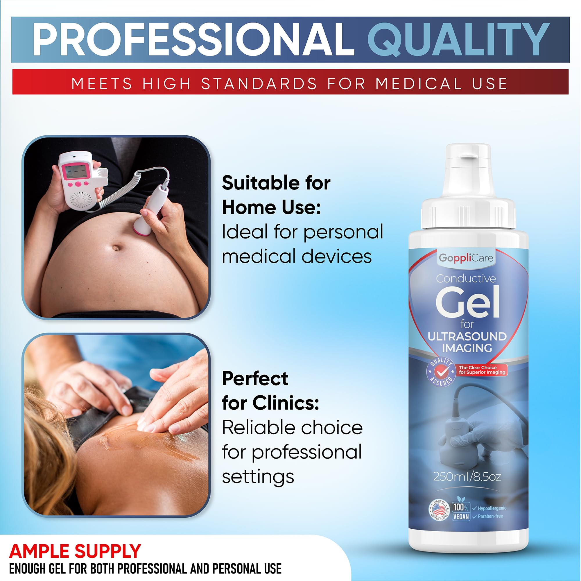 Goppli Medical Imaging & Therapy Ultrasound Gel - 2 Pack, 8.45 fl oz (250mL) Each - Non-Greasy, Unscented, Hypoallergenic - Ideal for TENS Units & Baby Dopplers - Medical Grade Quality, Made in USA