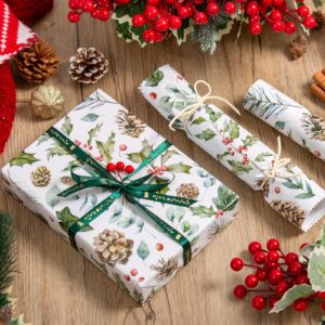 Afucus Christmas Wrapping Paper, Mini Rolls, Christmas Pine Cones, Holly Leaves, Red Berries, Merry Christmas Gift Wrapping Paper Rolls for Christmas, Party, Birthday, Holidays (17 Inch X 33 Feet)