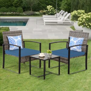 3 Piece Outdoor Patio Bistro Set, Wicker Table and Chairs Set of 2, All-Weather Rattan Balcony Furniture Set for Front Porch Apartment, Grey/Blue