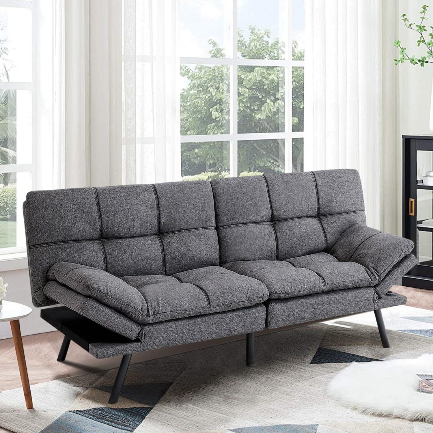 MUUEGM Futon Sofa Bed,Convertible 71" Couch Sofa, Modern Grey Sleeper Sofa with Adjustable Backrest for living room,Memory Foam Sofa Futon Couch Bed,Dark Grey