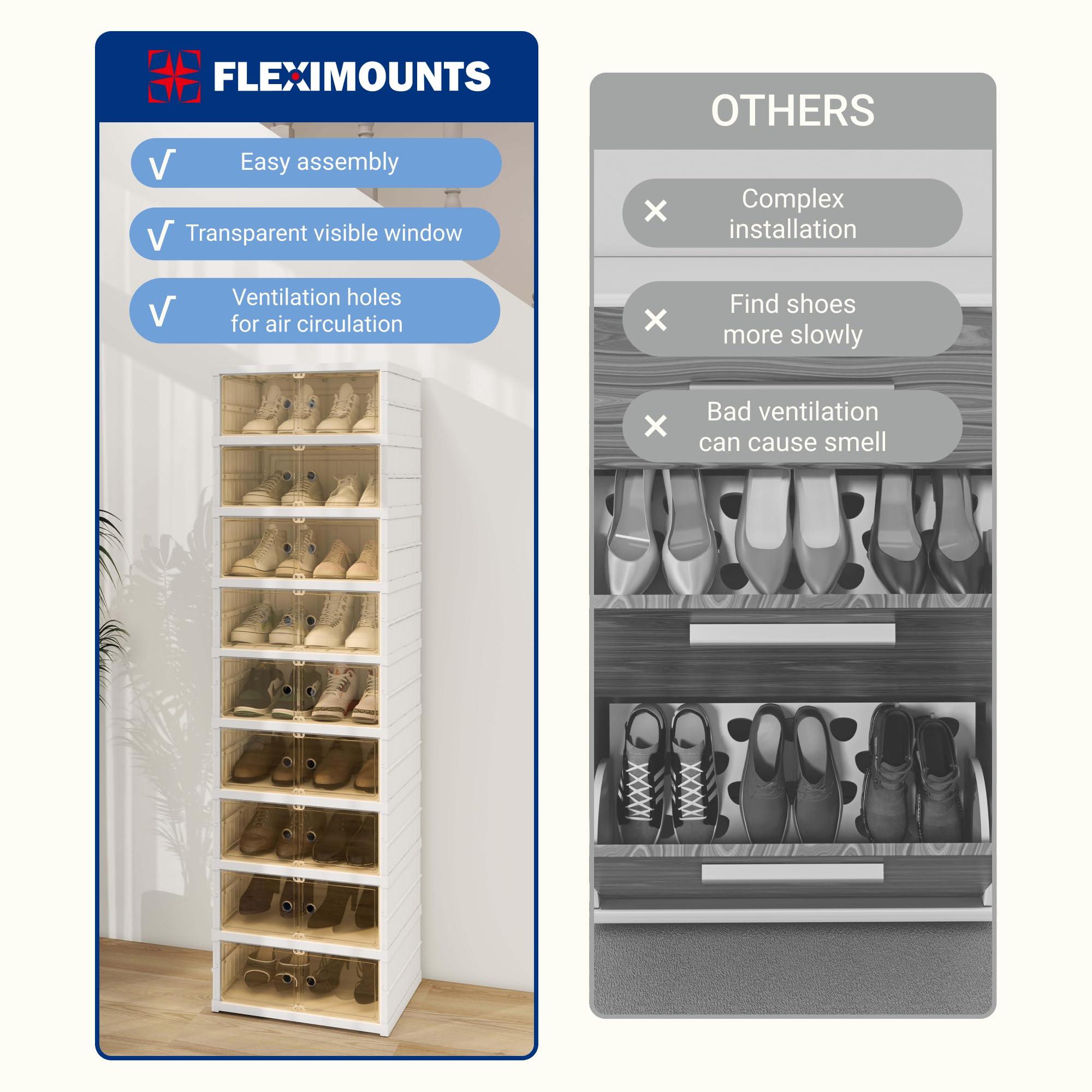 FLEXIMOUNTS Shoe Rack Organizer Storage Box 9 Tiers-18 Pairs, Portable Folding Shoe Rack for Closet Entryway, Collapsible Shoe Cabinet with Magnetic Clear Door for Front Door Entrance