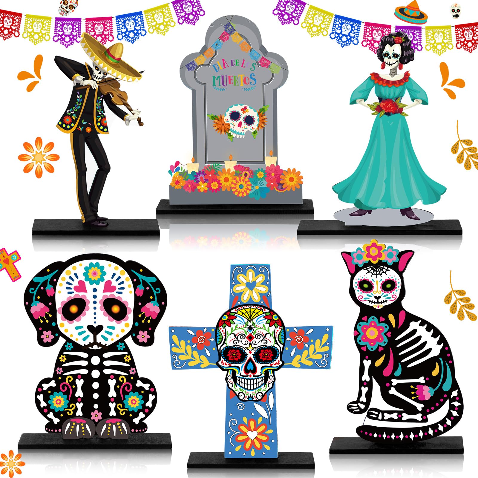 Amyhill 6 Pcs Day of The Dead Wooden Table Centerpiece Dia De Los Muertos Mexican Table Decorations Halloween Table Topper for Halloween Mexican Carnival Party Decoration Supplies