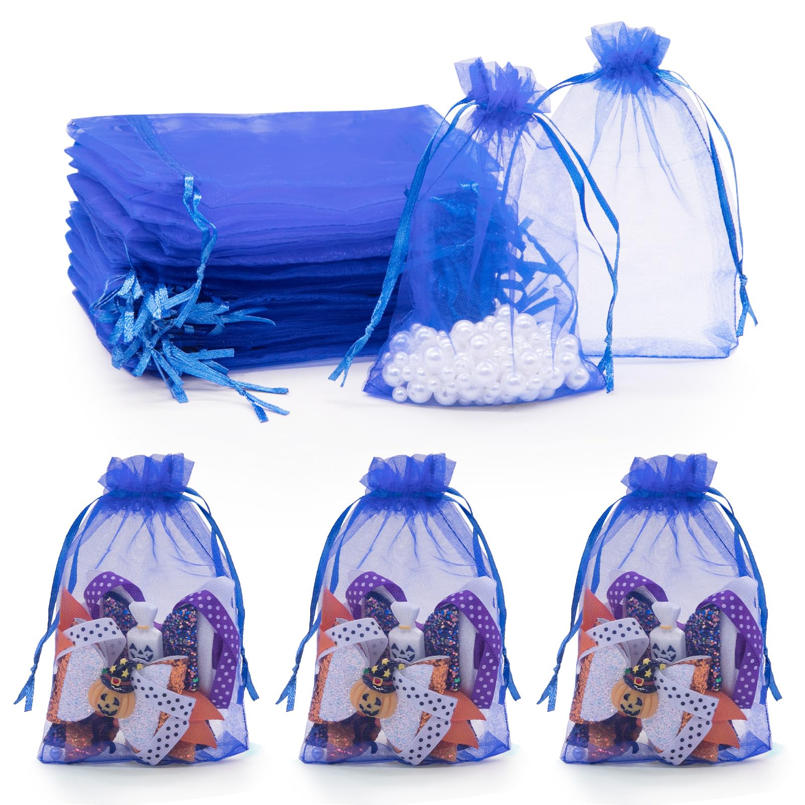 Yordearly 50pcs Organza Bags 4x6 inch, Royal Blue Sheer Mesh Bags with Drawstring, Small Gift Bags for Candy Jewelry Pouch Party Wedding Christmas Favor