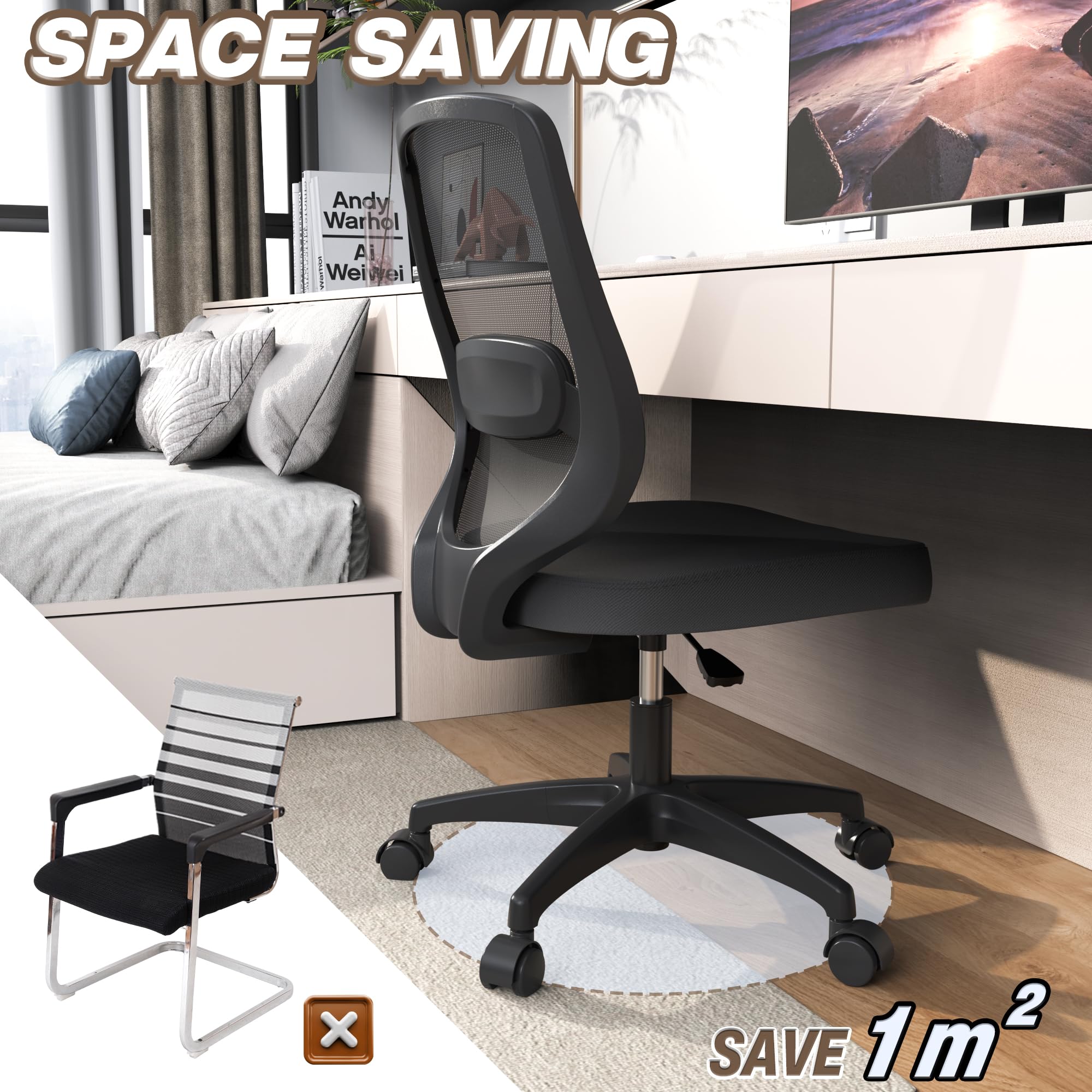 KIZECK Armless Mesh Swivel Office Computer Desk Chair No Arms Height Adjustable Lumbar Support for Home Small Spaces