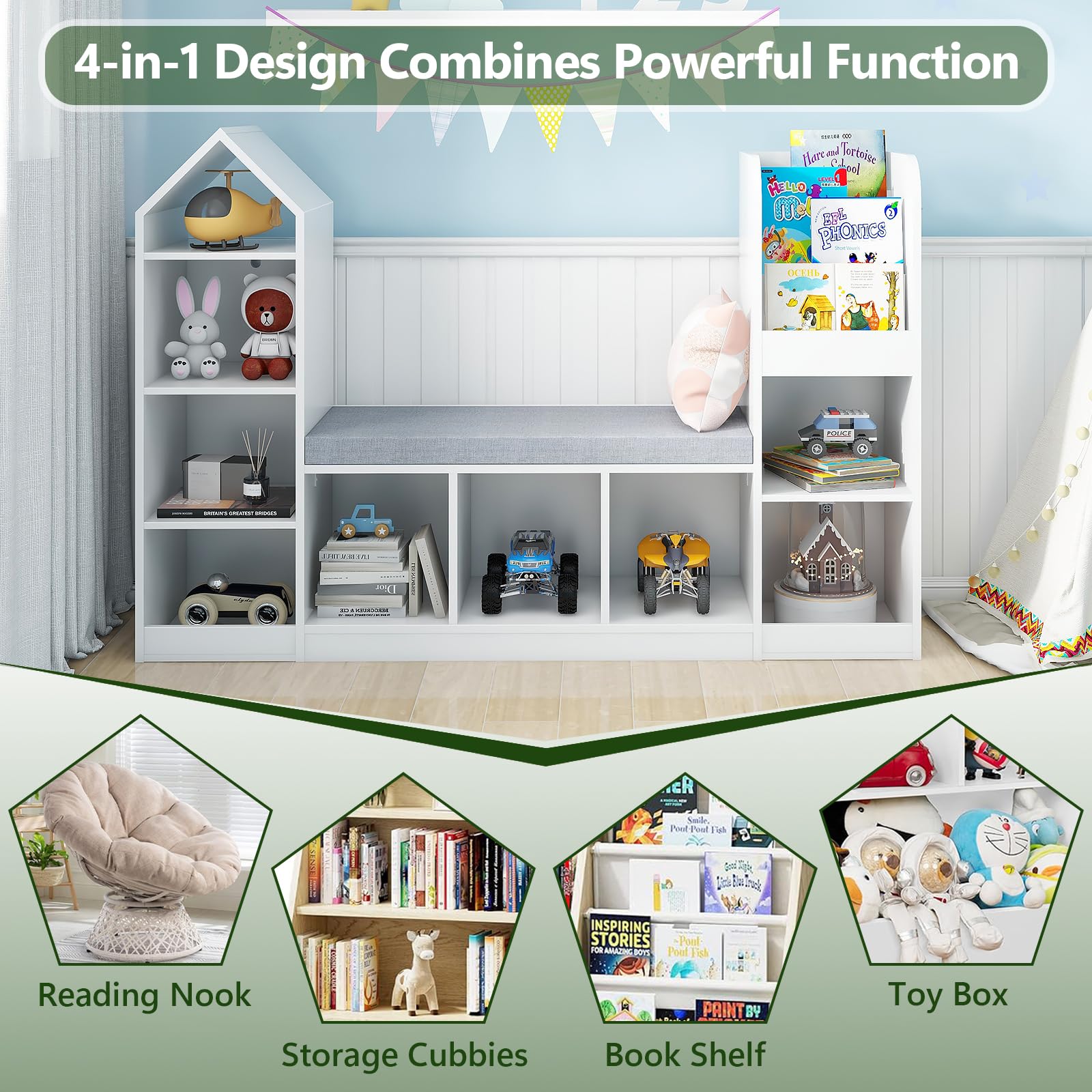 Halitaa Kids Bookcase and Bookshelf with Reading Nook, Toy Storage Organizer for Kids, White Bookcase with 9 Storage Cubbies and Seat Cushion for Kids Room, Playroom, Bedroom, White