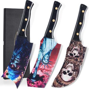 topfeel 3pcs color-coded coated butcher knife set, hand forged meat cleaver knife & bone chopper knife & burcher knife, meat cutting kitchen knife set for home, outdoor cooking, camping bbq