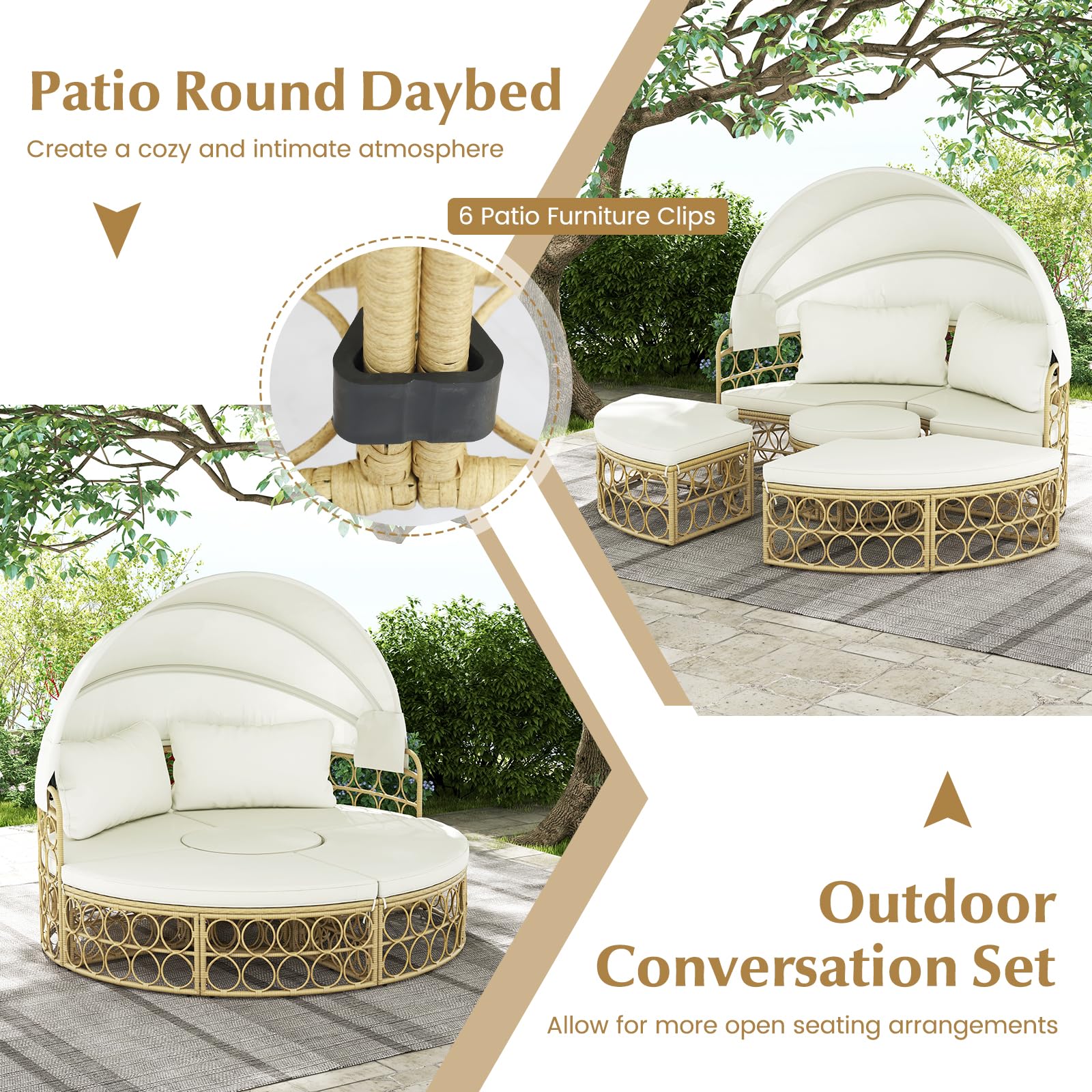 Tangkula Outdoor Patio Round Daybed with Retractable Canopy, Patiojoy PE Rattan Wicker Sectional Seating Furniture with Soft Cushions, for Patio, Garden, Backyard and Poolside (Off White)