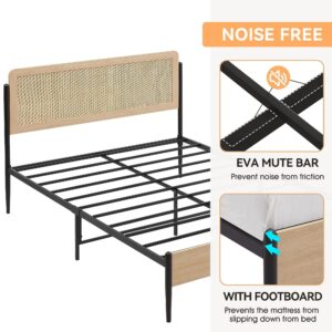 GarveeHome Queen Size Bed Frame with Rattan Headboard, Rattan Queen Platform Bed Boho Style with Strong Metal Slats Support, Under Bed Storage, Noise-Free, No Box Spring Needed, Light Oak