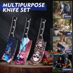 Topfeel 3PCS Color-Coded Coated Butcher Knife Set, Hand Forged Meat Cleaver Knife & Bone Chopper Knife & Burcher knife, Meat Cutting Kitchen Knife Set for Home, Outdoor Cooking, Camping BBQ