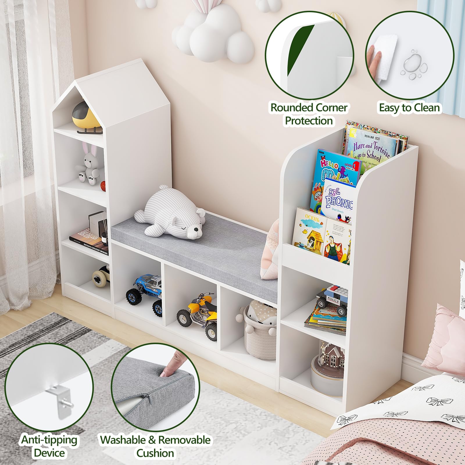 Halitaa Kids Bookcase and Bookshelf with Reading Nook, Toy Storage Organizer for Kids, White Bookcase with 9 Storage Cubbies and Seat Cushion for Kids Room, Playroom, Bedroom, White