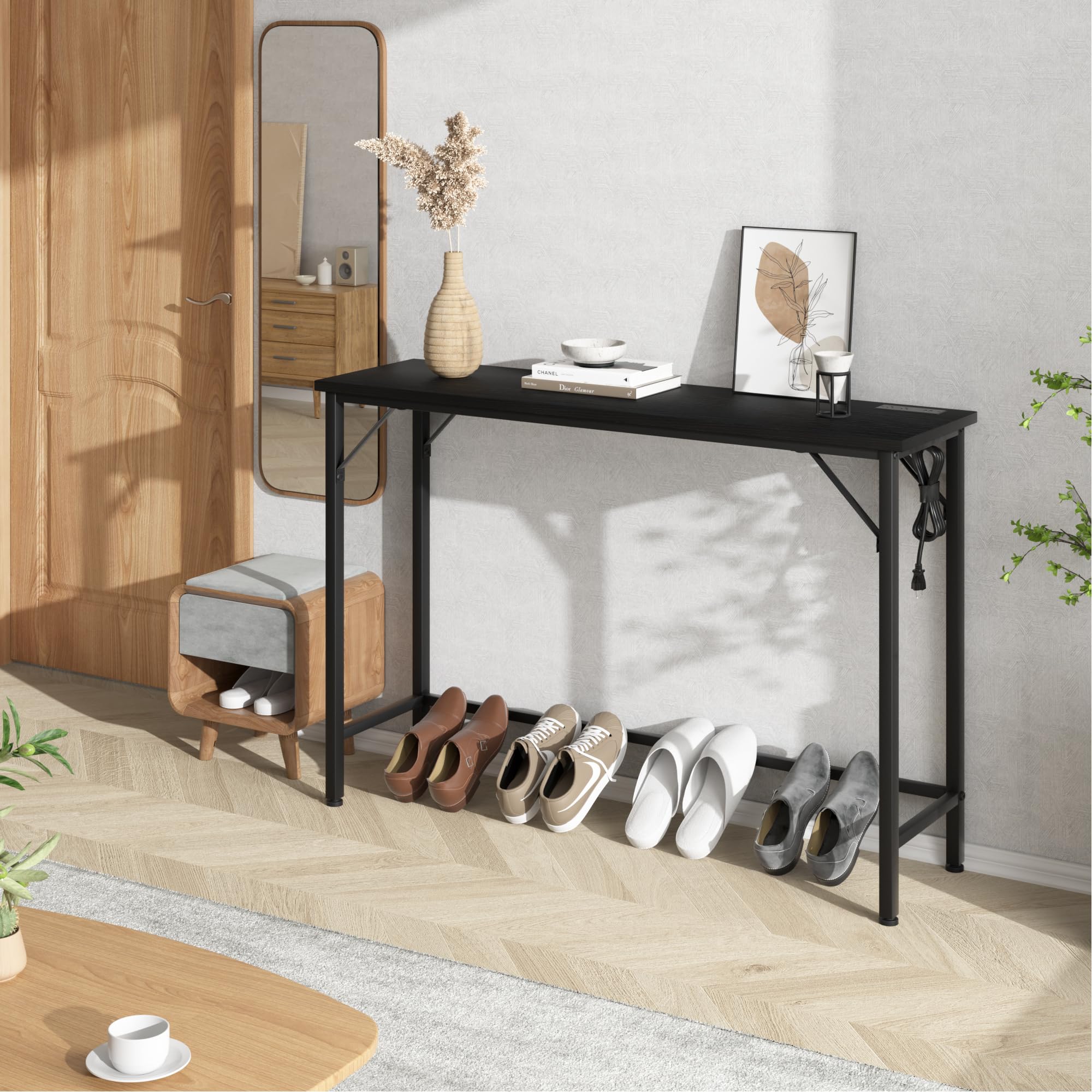 GAOMON 9.1" Narrow Console Table with Outlets, Sofa Table Behind Couch Table for Living Room, Entryway Table with Metal & MDF, Industrial Hallway Table for Entryway, Foyer-Black