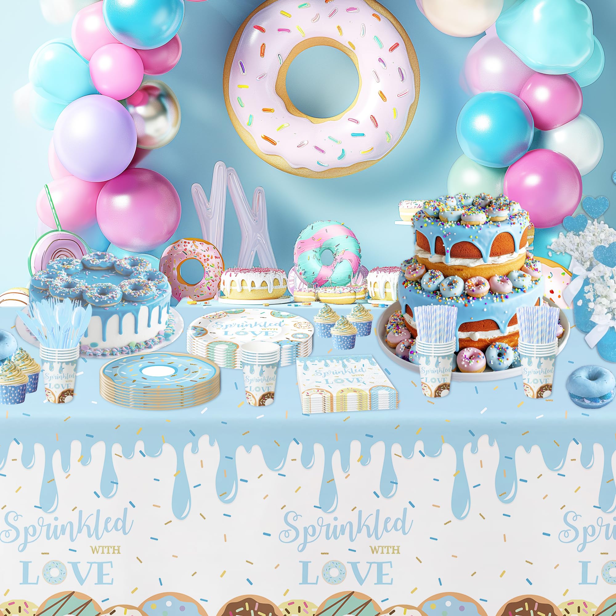 Suhelkit Donut Baby Sprinkle Decorations For Boy - Blue Sprinkled with Love Baby Shower Party Supplies, Plate, Napkin, Cup, Tablecloth, Cutlery, Donut Baby Shower Decorations Tableware, 24 Guests