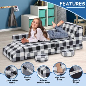 Olasme 10 Pcs Black and White Kids Couch,Buffalo Check Toddler Couch Sofa,Foam Modular Kids Play Couch,Convertible Kids Floor Bed Sofa Couch for Playroom Bedroom